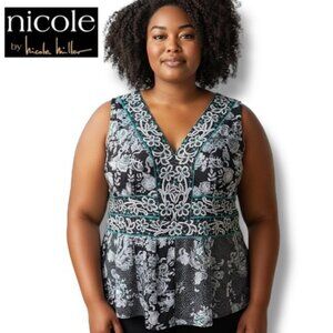 Nicole by Nicole Miller Black Floral Print Peplum Sleeveless Blouse | Plus Sz 14